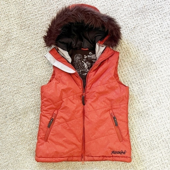 Billabong Hooded Puffer Vest Winter Vest Faux Fur Trim Burnt Orange Sz M Outdoor - Picture 2 of 12